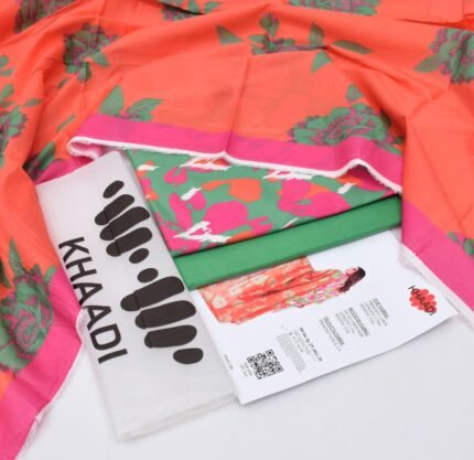 Khaadi 2025 – Coral Orange & Floral Multicolor Digital Printed Lawn 3PC Suit