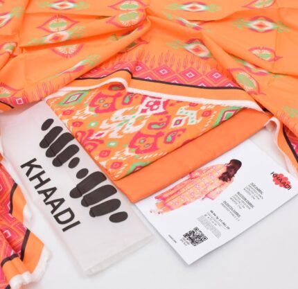 Khaadi 2025 – Bright Orange & Multicolor Digital Printed Lawn 3PC Suit