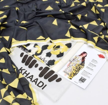Khaadi 2025 – Black & Yellow Geometric Digital Printed Lawn 3PC Suit
